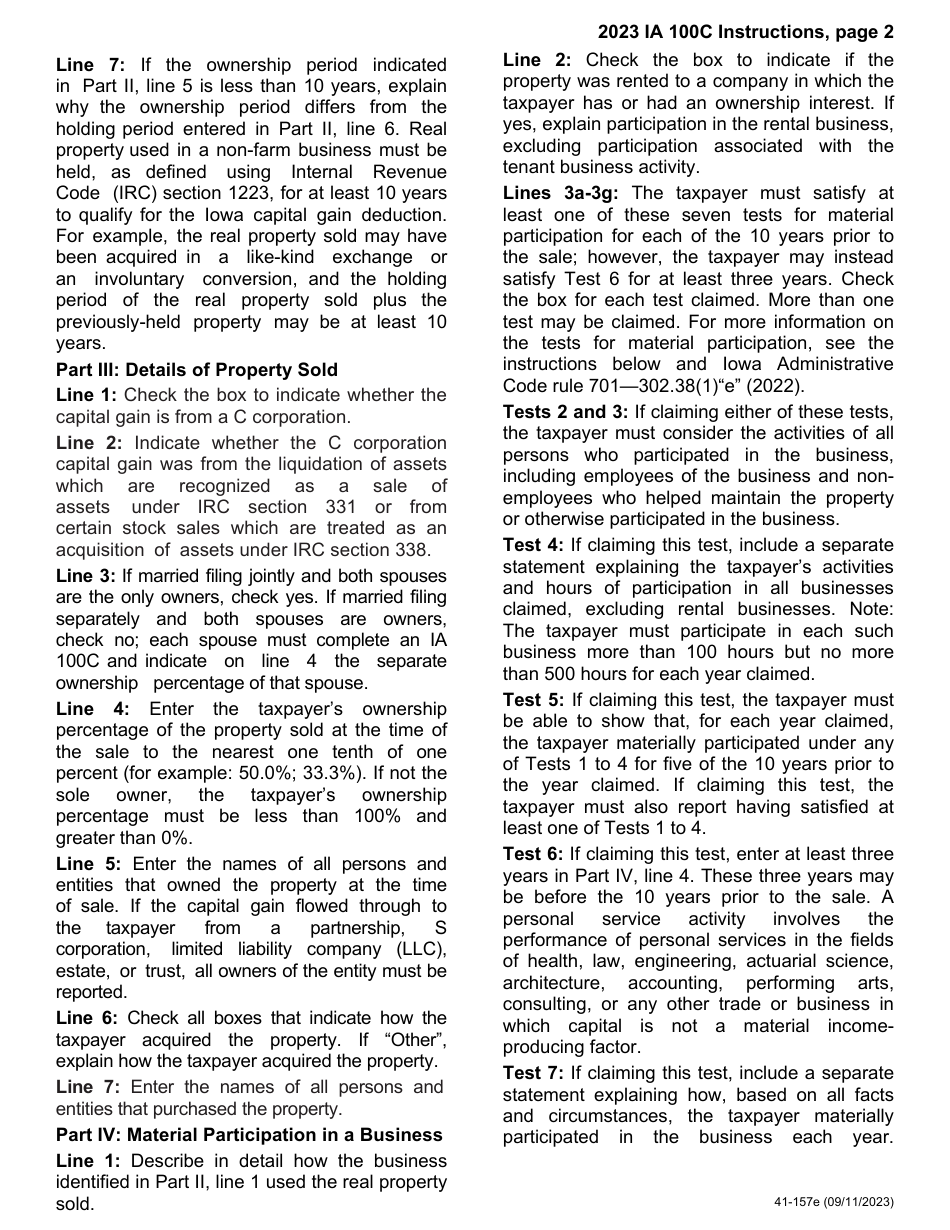 Form IA100C (41-157) Iowa Capital Gain Deduction - Real Property Used in a Non-farm Business - Iowa, Page 5