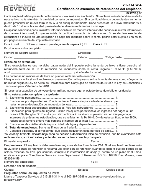 Formulario IA W-4 (44-019) Certificado De Exencion De Retenciones Del Empleado - Iowa (Spanish), 2023