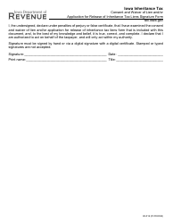 Document preview: Form 60-016 Consent and Waiver of Lien and/or Application for Release of Inheritance Tax Liens Signature Form - Iowa