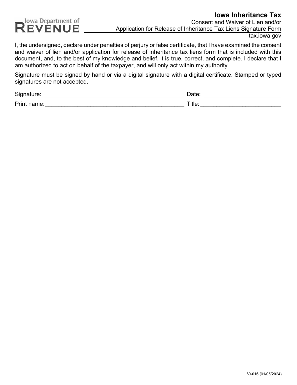 Form 60-016 Consent and Waiver of Lien and / or Application for Release of Inheritance Tax Liens Signature Form - Iowa, Page 1