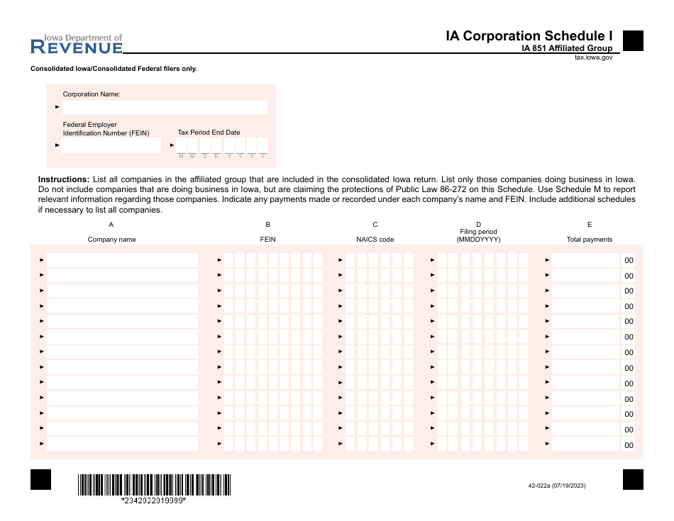 Form 42-022 Schedule I, J1, J2 Ia 851 Affiliated Group / Consolidated Business Activity Ratio - Iowa, Page 1