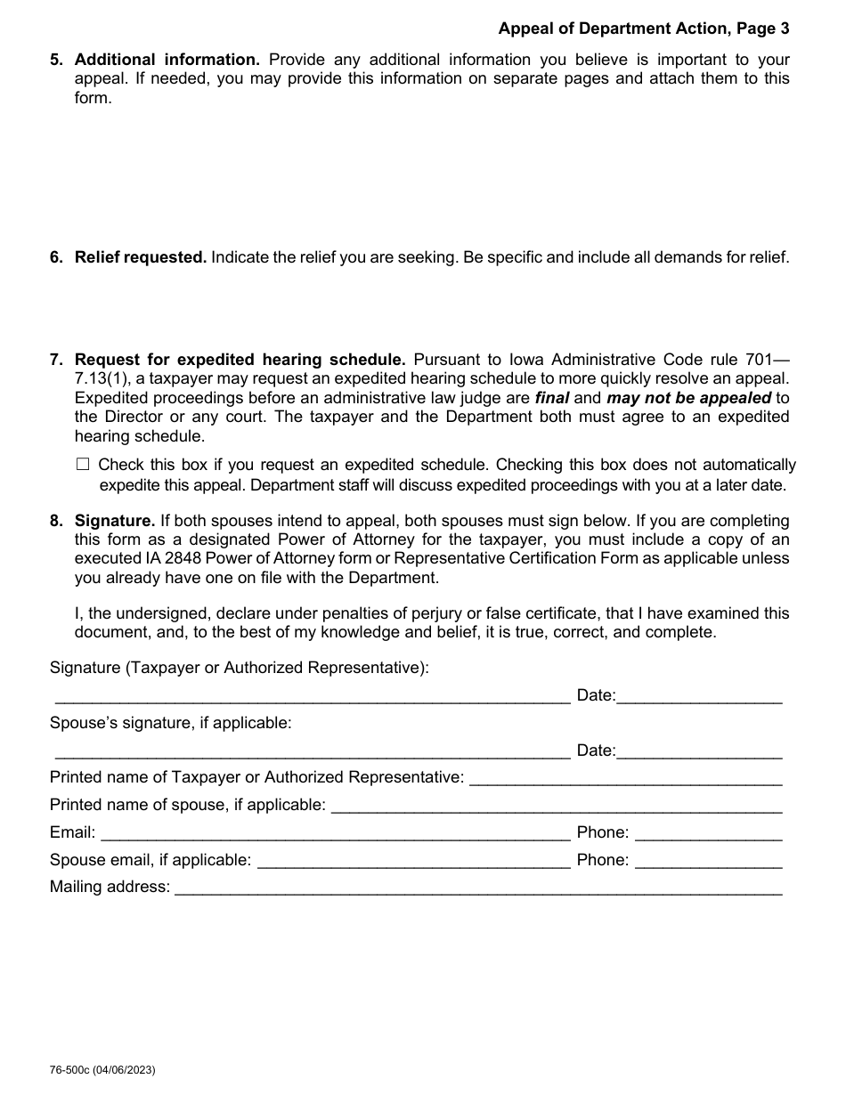 Form 76-500 Appeal of Department Action - Iowa, Page 3