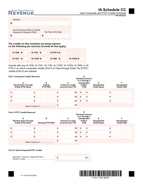 Form 41-178 Schedule CC Iowa Composite and Ptet Credits Schedule - Iowa
