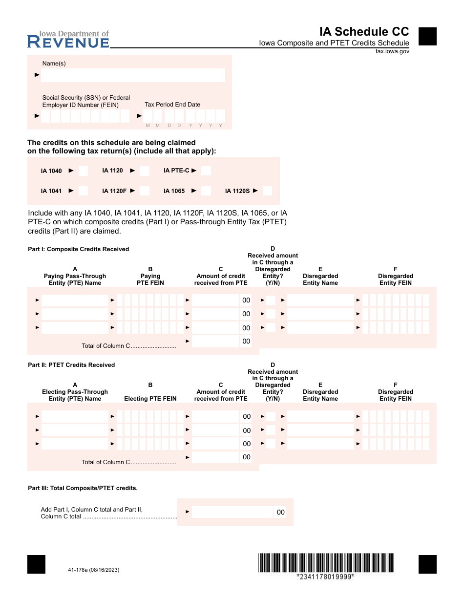 Form 41-178 Schedule CC Iowa Composite and Ptet Credits Schedule - Iowa, Page 1