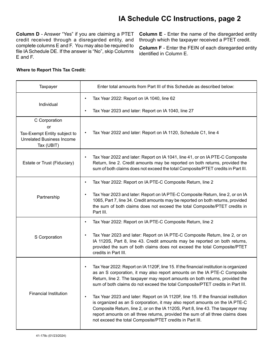 Form 41-178 Schedule CC Iowa Composite and Ptet Credits Schedule - Iowa, Page 3