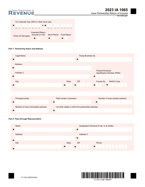 Form IA1065 (41-016) 2023 Printable Pdf