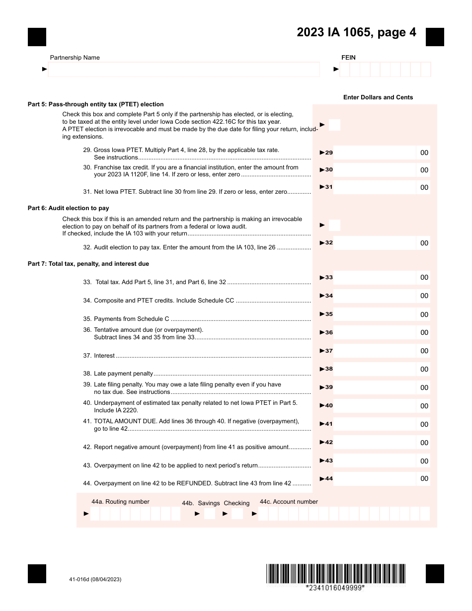 Form IA1065 (41-016) Iowa Partnership Return of Income - Iowa, Page 4