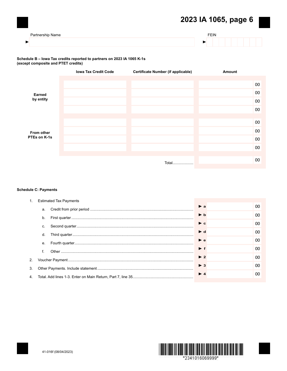 Form IA1065 (41-016) Iowa Partnership Return of Income - Iowa, Page 6