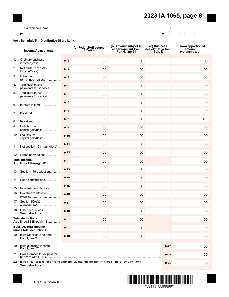 Form IA1065 (41-016) Iowa Partnership Return of Income - Iowa, Page 8