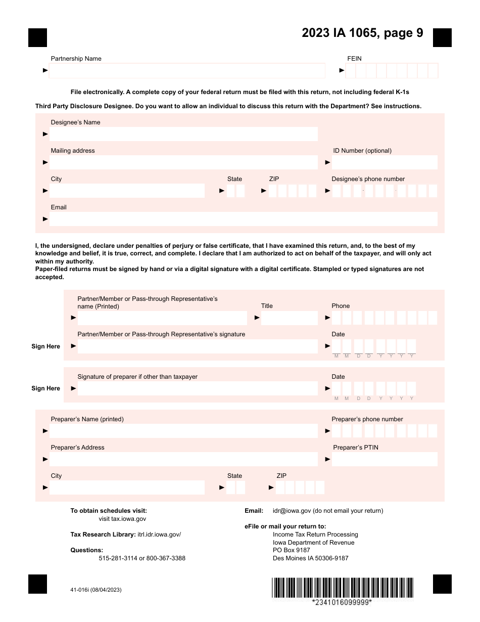 Form IA1065 (41-016) Iowa Partnership Return of Income - Iowa, Page 9
