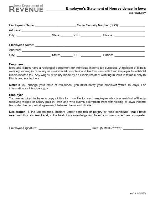 Form 44-016 Employee's Statement of Nonresidence in Iowa - Iowa