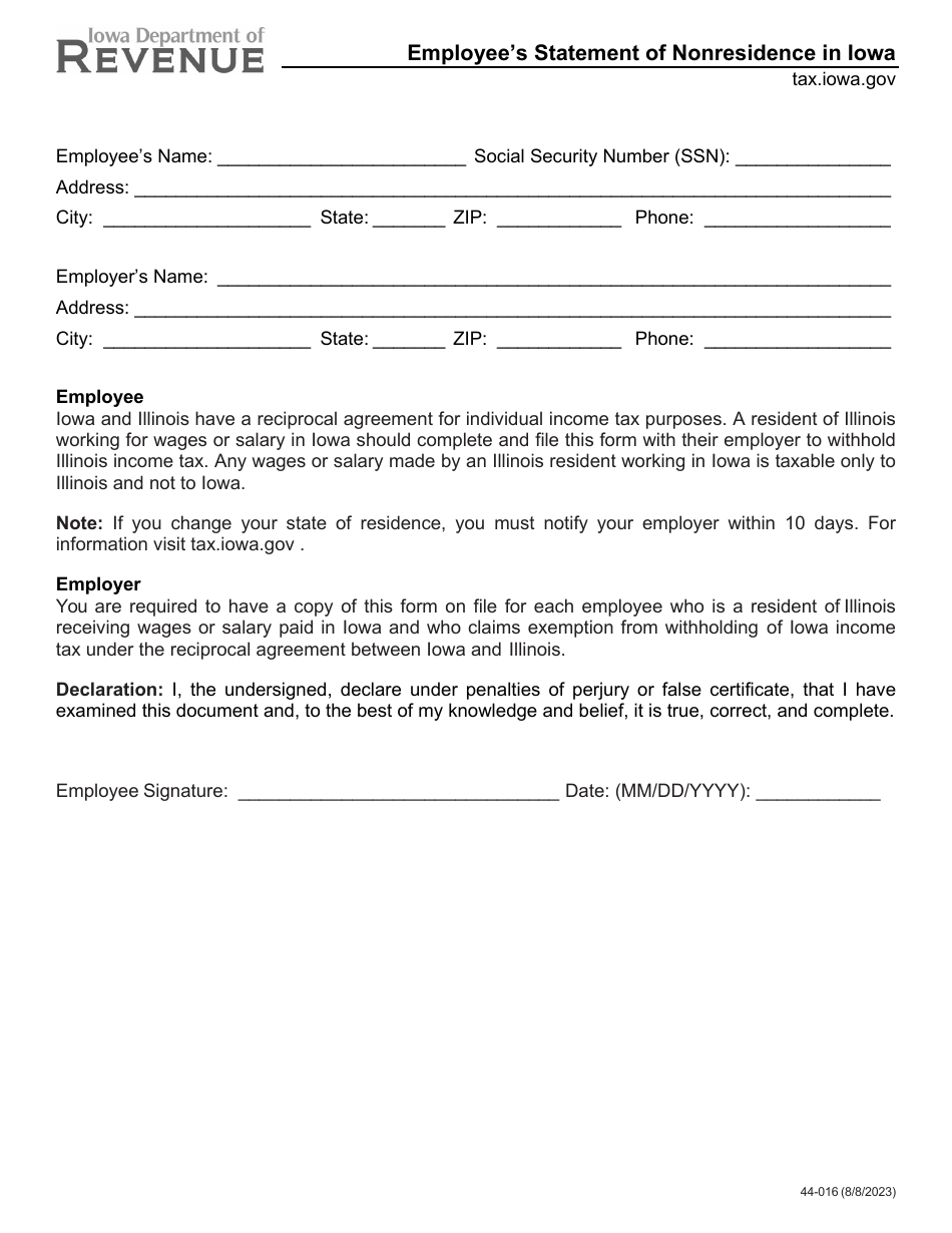 Form 44-016 Employees Statement of Nonresidence in Iowa - Iowa, Page 1