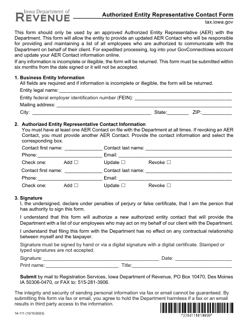 Form 14-111 Authorized Entity Representative Contact Form - Iowa
