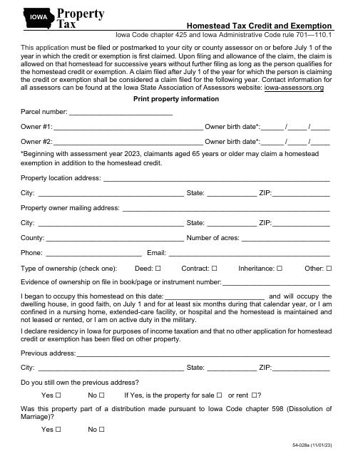 Form 54-028 Homestead Tax Credit and Exemption - Iowa