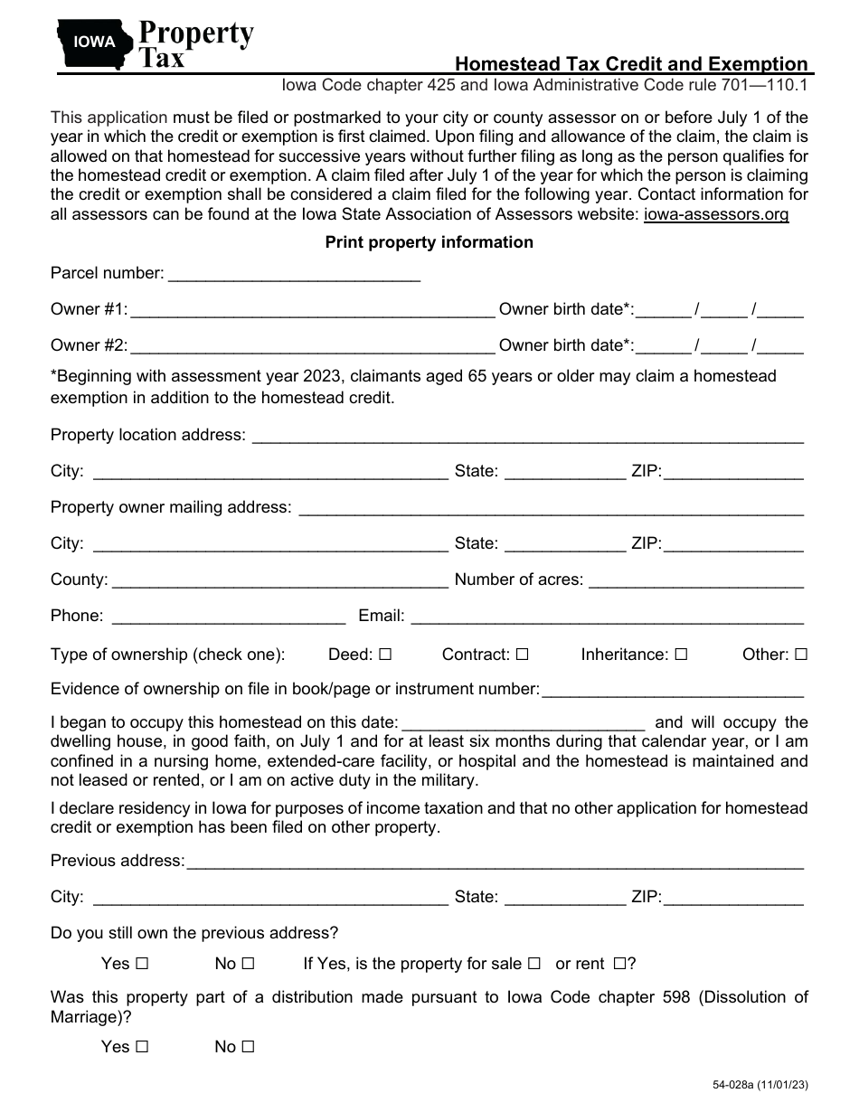 Form 54-028 Homestead Tax Credit and Exemption - Iowa, Page 1