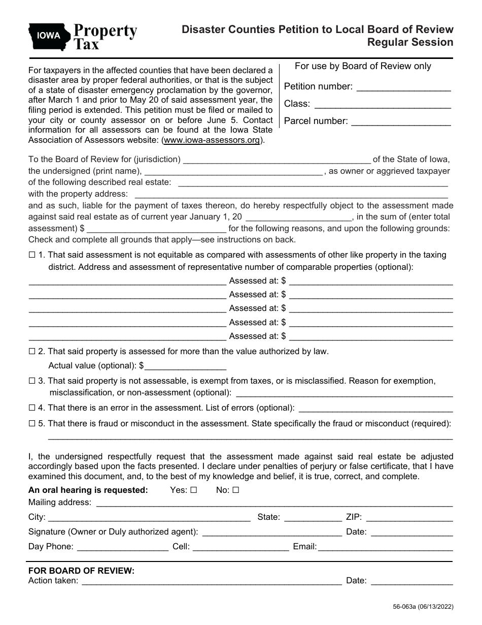 Form 56-063 Disaster Counties Petition to Local Board of Review Regular Session - Iowa, Page 1