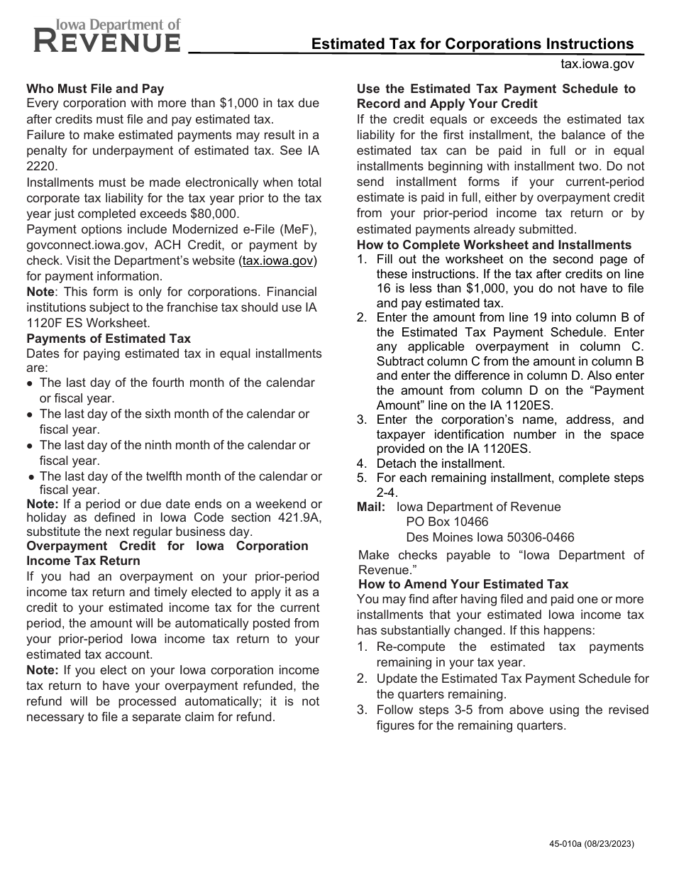 Instructions for Form IA1120ES, 96-048 Corporation Estimate Payment Voucher - Iowa, Page 1