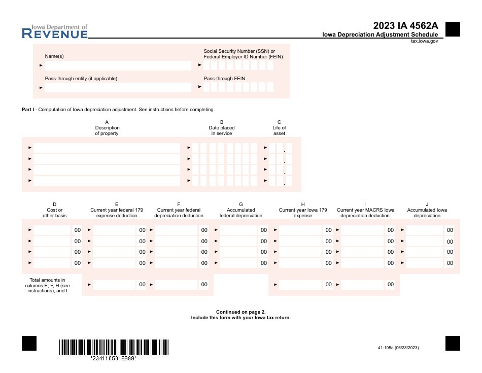 Form IA4562A (41-105) Iowa Depreciation Adjustment Schedule - Iowa, Page 1