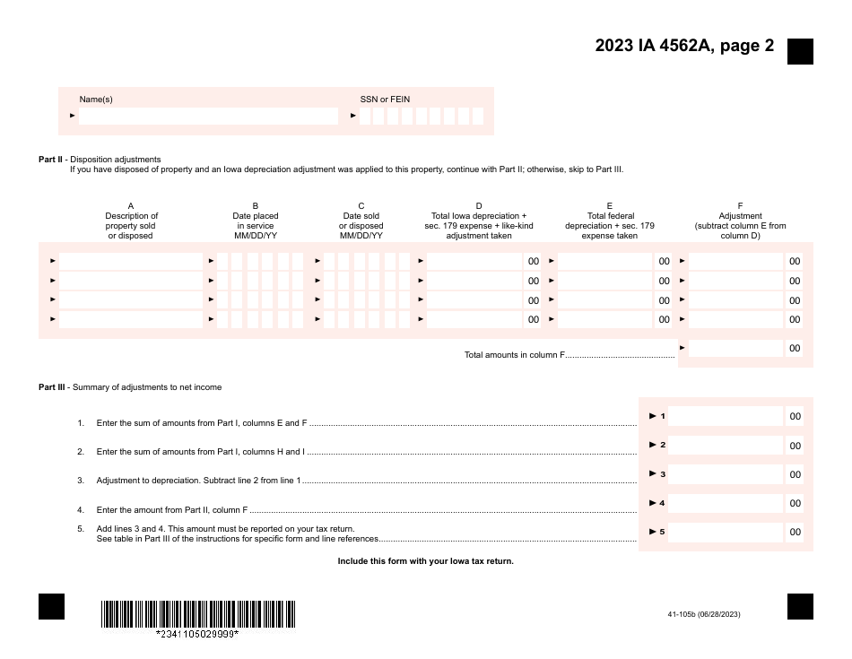 Form IA4562A (41-105) Iowa Depreciation Adjustment Schedule - Iowa, Page 2