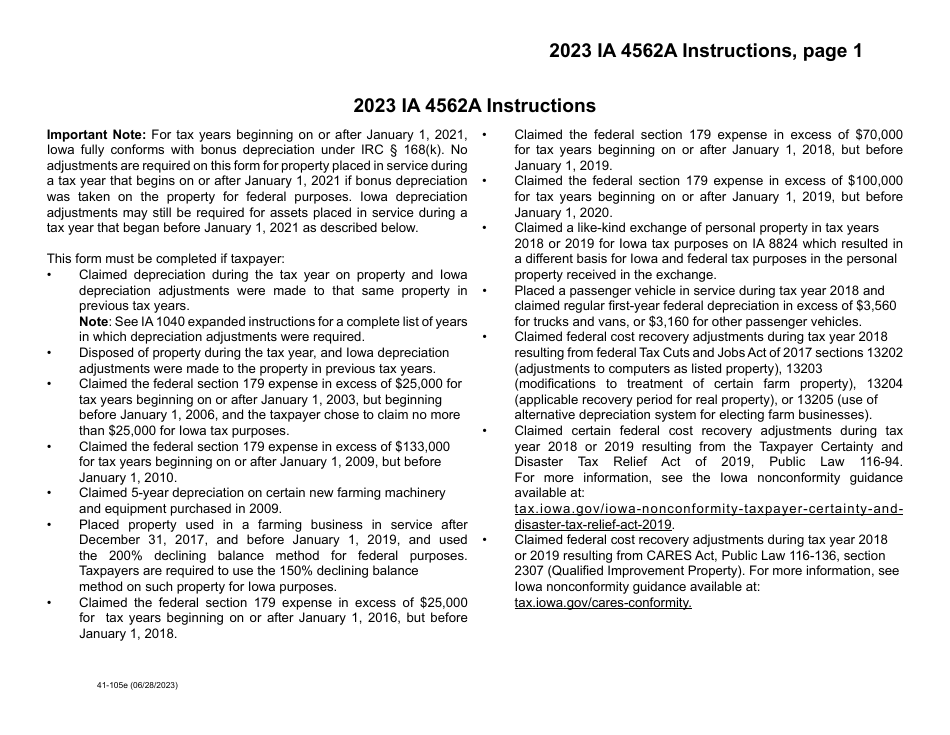 Form IA4562A (41-105) Iowa Depreciation Adjustment Schedule - Iowa, Page 5