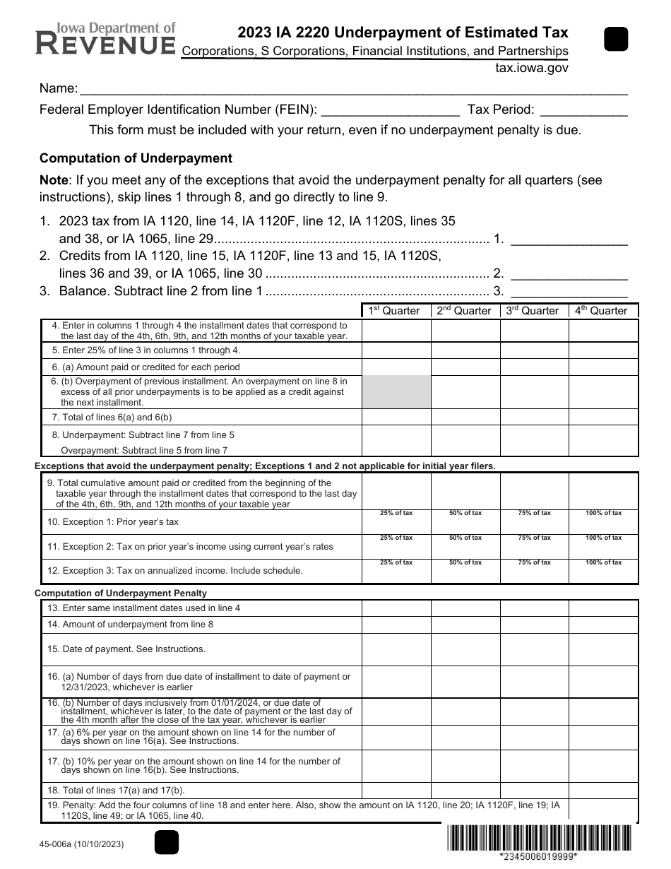 Form IA2220 (45-006) Underpayment of Estimated Tax - Corporations, S Corporations, Financial Institutions, and Partnerships - Iowa, Page 1