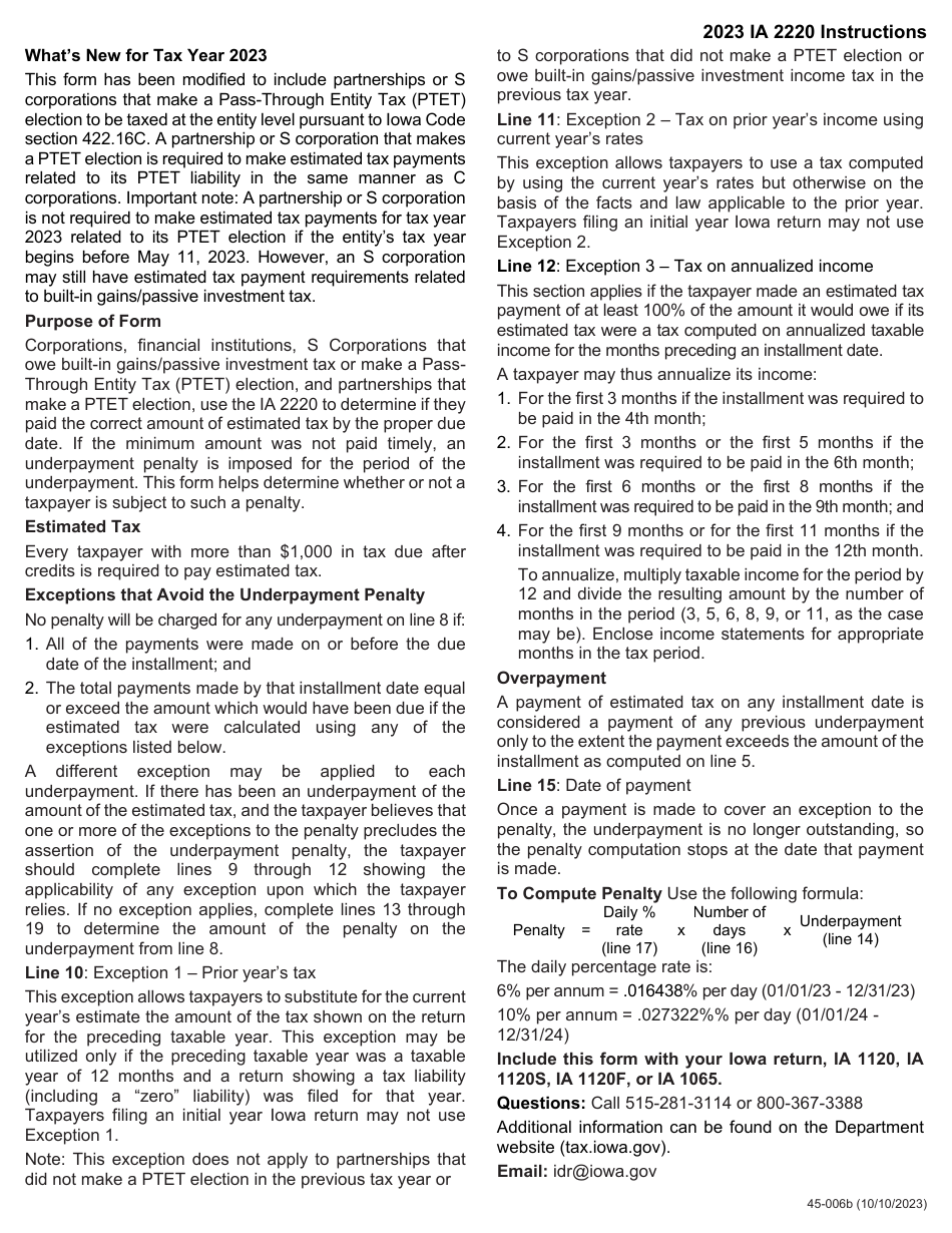 Form IA2220 (45-006) Underpayment of Estimated Tax - Corporations, S Corporations, Financial Institutions, and Partnerships - Iowa, Page 2