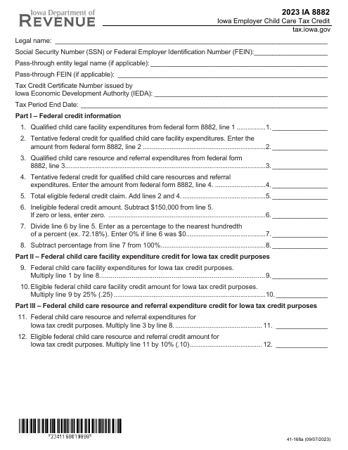 Form IA8882 (41-168) Iowa Employer Child Care Tax Credit - Iowa, 2023