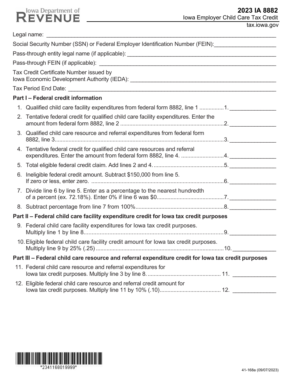 Form IA8882 (41-168) Iowa Employer Child Care Tax Credit - Iowa, Page 1