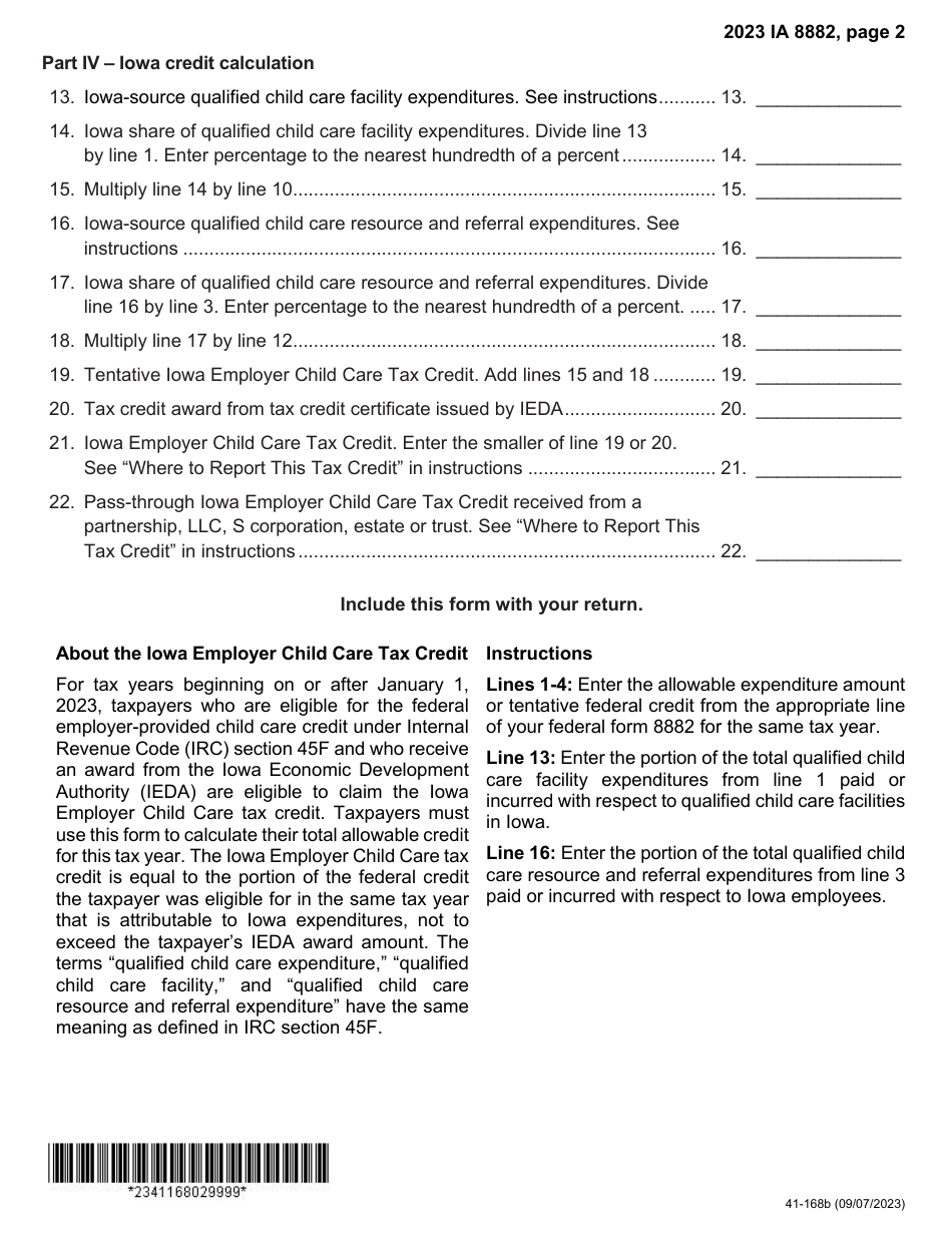 Form IA8882 (41-168) Iowa Employer Child Care Tax Credit - Iowa, Page 2
