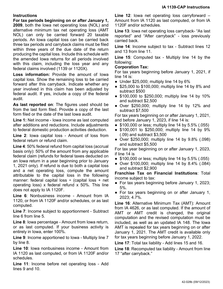 Form IA1139-CAP (42-028) Application for Refund Due to the Carryback of Capital Losses - Iowa, Page 2