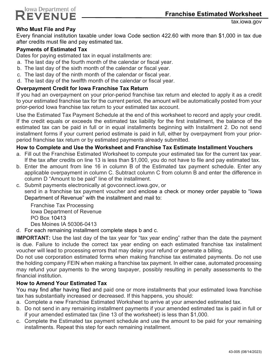 Form 43-005 Franchise Estimated Worksheet - Iowa, Page 1