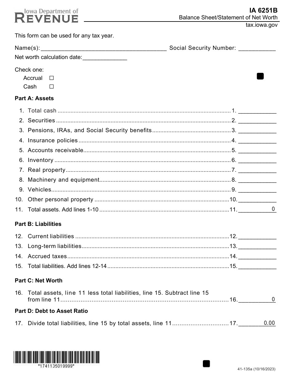 Form IA6251B (41-135) Balance Sheet / Statement of Net Worth - Iowa, Page 1