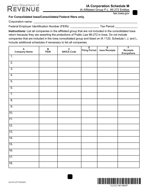 Form 42-016 Schedule M Corporation Schedule - Iowa