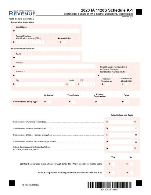 Form IA1120S (42-008) Schedule K-1 2023 Printable Pdf