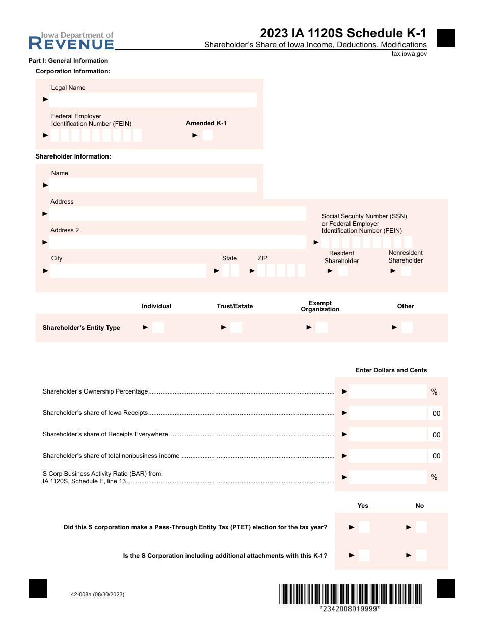 Form IA1120S (42-008) Schedule K-1 Shareholders Share of Iowa Income, Deductions, Modifications - Iowa, Page 1