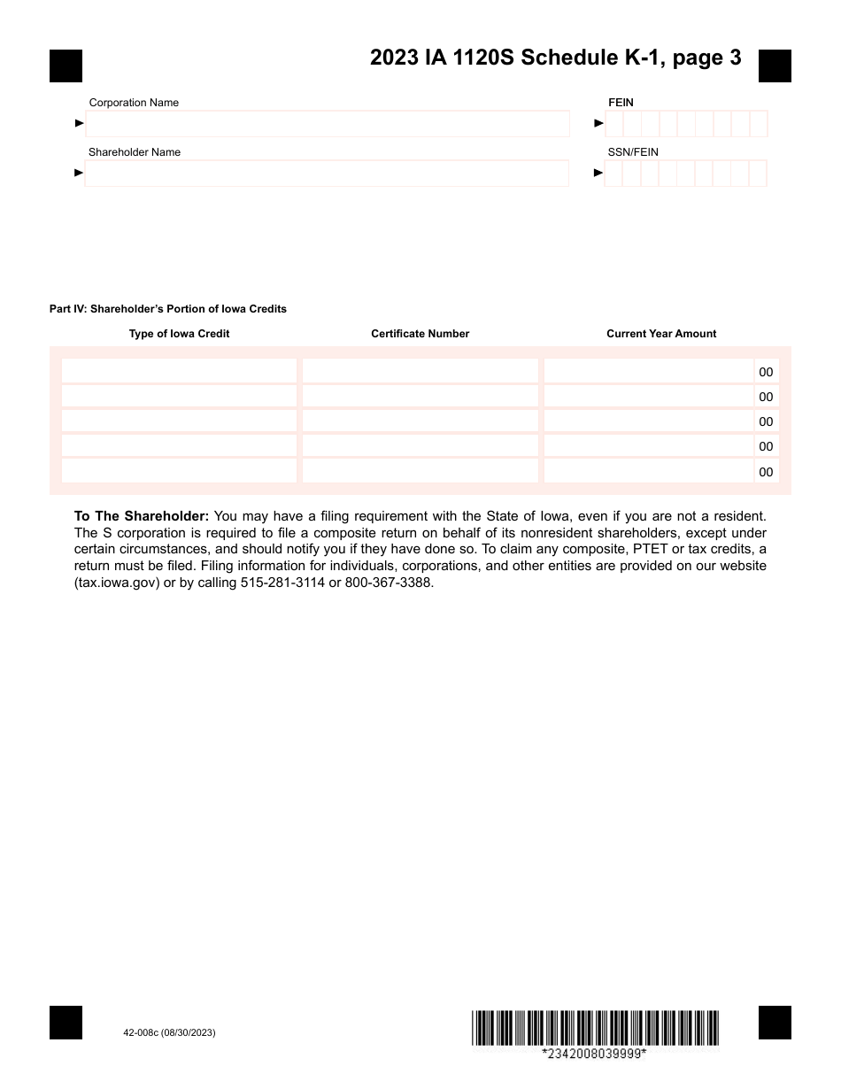 Form IA1120S (42-008) Schedule K-1 Shareholders Share of Iowa Income, Deductions, Modifications - Iowa, Page 3