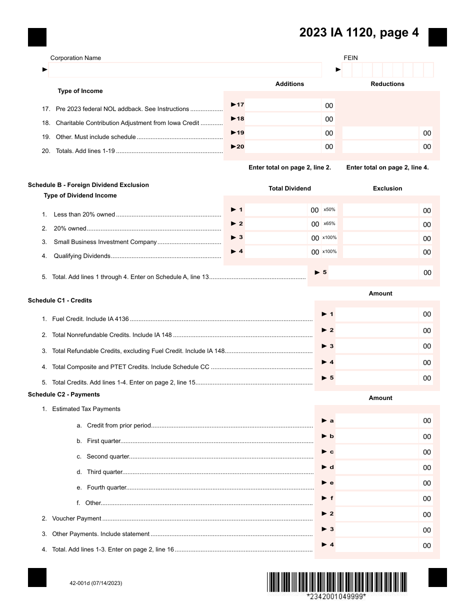 Form IA1120 (42-001) Iowa Corporation Income Tax Return - Iowa, Page 4