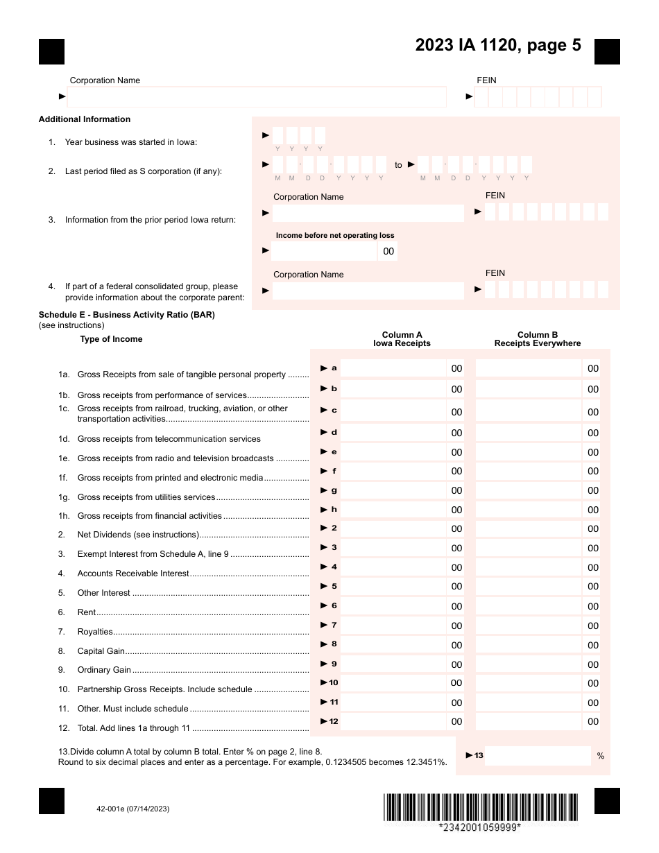 Form IA1120 (42-001) Iowa Corporation Income Tax Return - Iowa, Page 5