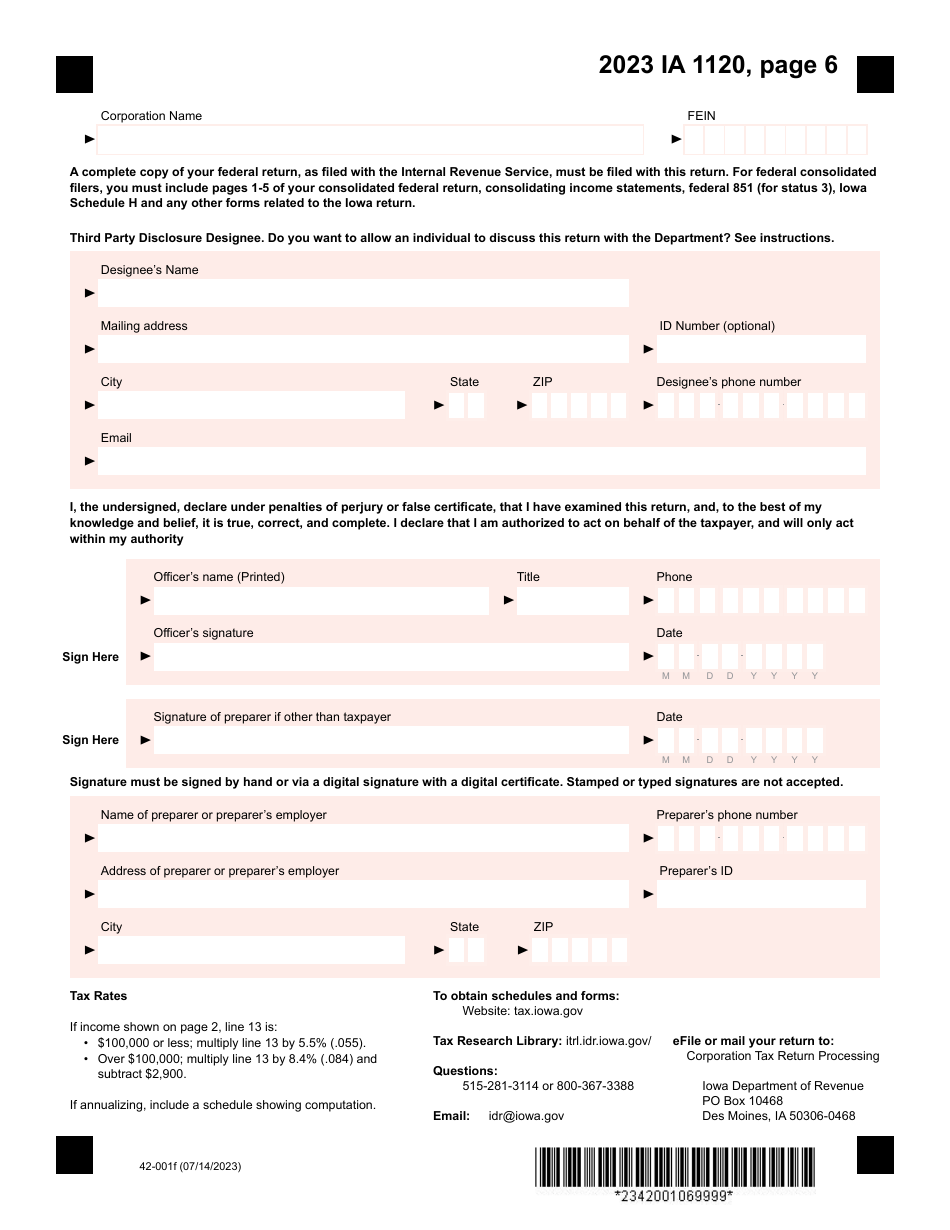 Form IA1120 (42-001) Iowa Corporation Income Tax Return - Iowa, Page 6