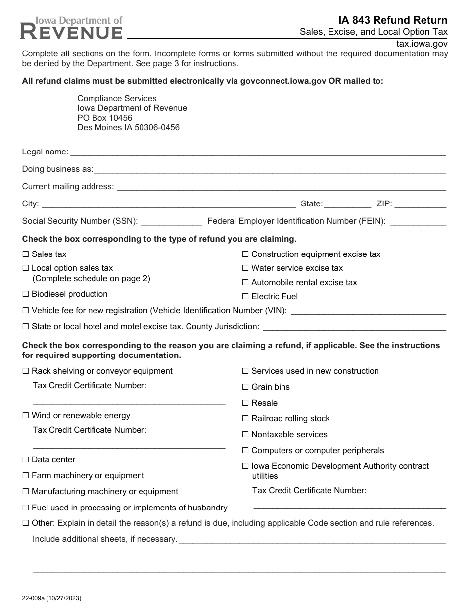 Form IA843 (22-009) Refund Return - Sales, Excise, and Local Option Tax - Iowa, Page 1