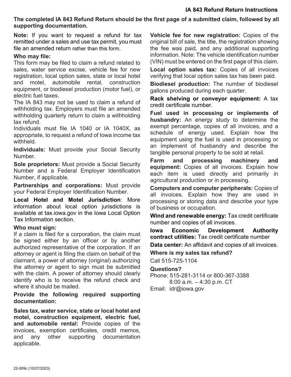 Form IA843 (22-009) Refund Return - Sales, Excise, and Local Option Tax - Iowa, Page 3