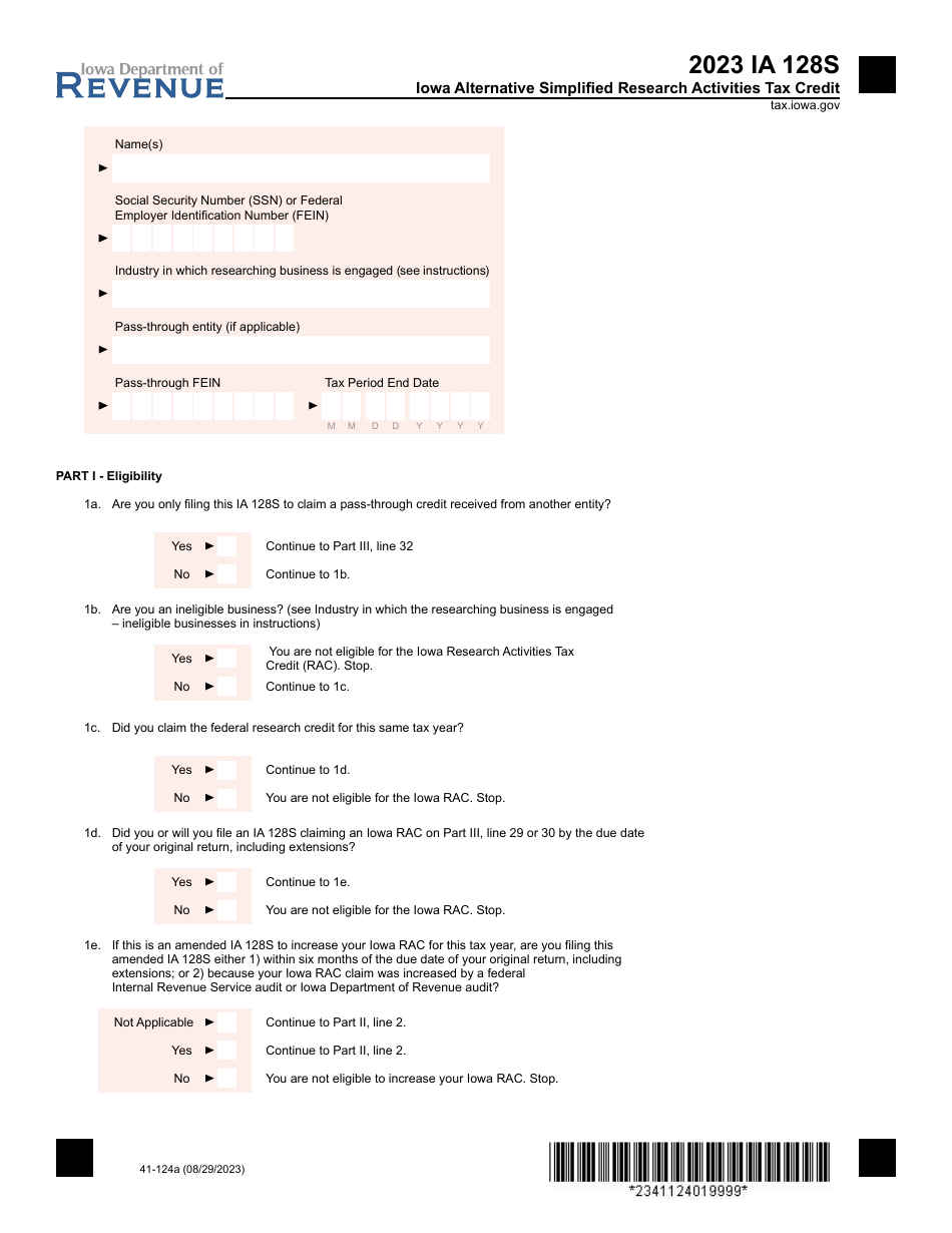 Form IA128S (41-124) Iowa Alternative Simplified Research Activities Tax Credit - Iowa, Page 1