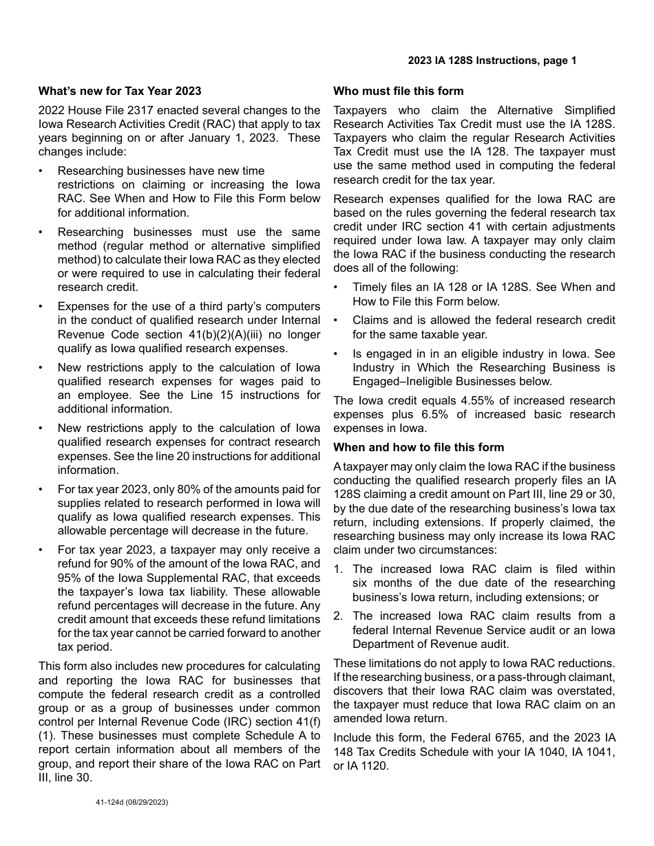 Form IA128S (41-124) Iowa Alternative Simplified Research Activities Tax Credit - Iowa, Page 4