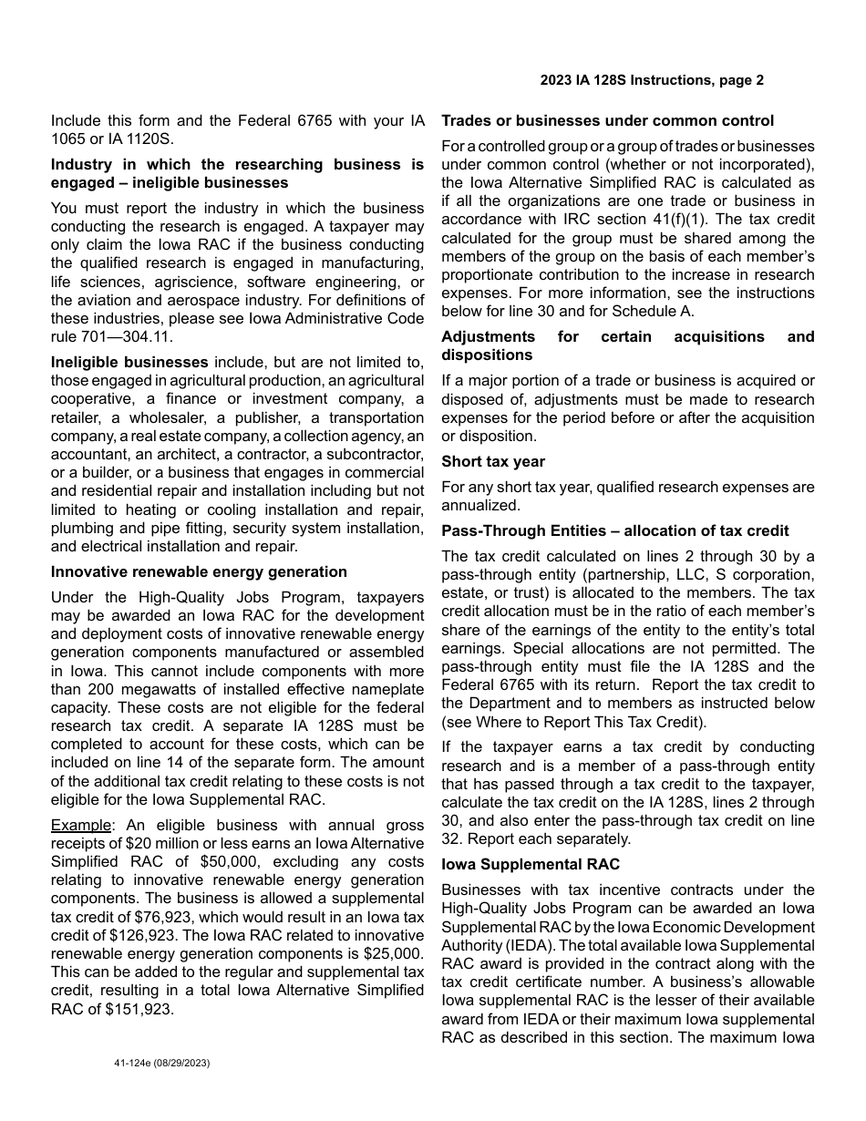 Form IA128S (41-124) Iowa Alternative Simplified Research Activities Tax Credit - Iowa, Page 5