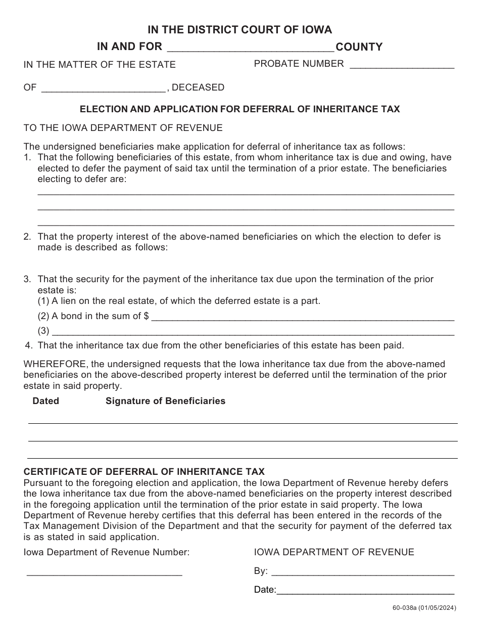 Form 60-038 Election and Application for Deferral of Inheritance Tax - Iowa, Page 1