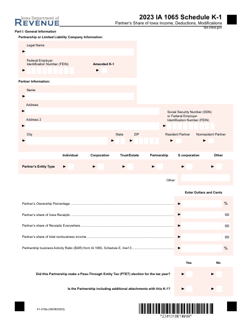 Form IA1065 (41-018) Schedule K-1 2023 Printable Pdf