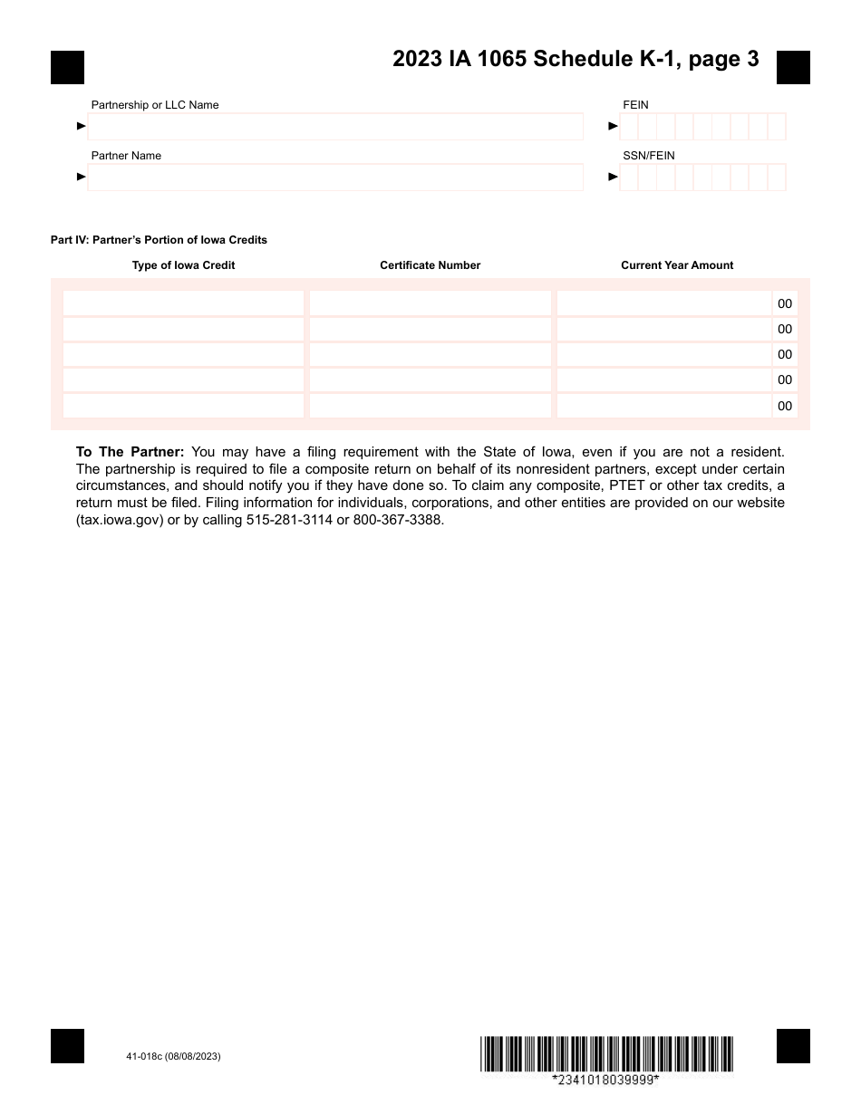 Form IA1065 (41-018) Schedule K-1 Partners Share of Iowa Income, Deductions, Modifications - Iowa, Page 3