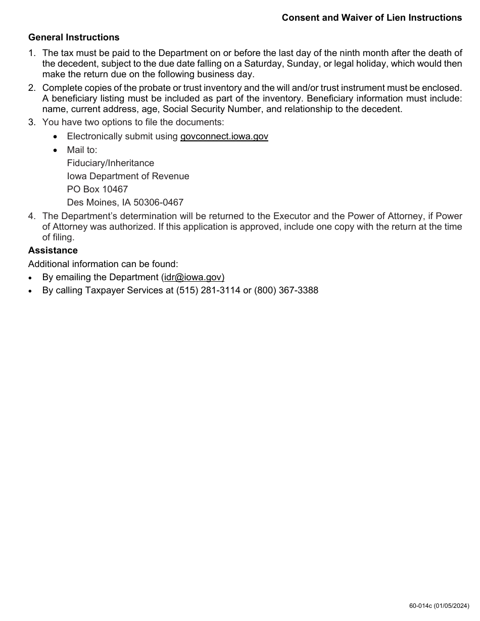 Form 60-014 Iowa Inheritance Tax Consent and Waiver of Lien - Iowa, Page 3