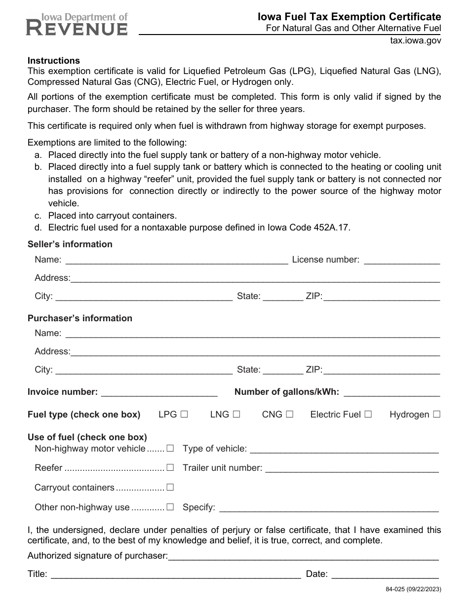 Form 84-025 Iowa Fuel Tax Exemption Certificate for Natural Gas and Other Alternative Fuel - Iowa, Page 1