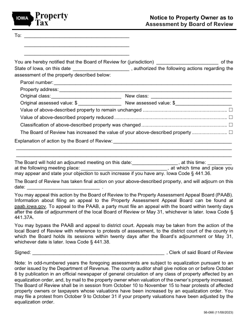 Form 56-066 Notice to Property Owner as to Assessment by Board of Review - Iowa